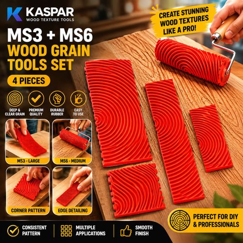 Kit d'outils pour veinage du bois (4 pièces) - Outils de peinture effet bois, rouleau texturé, outils de gaufrage en caoutchouc, outils et équipement de menuiserie, racloirs à bois