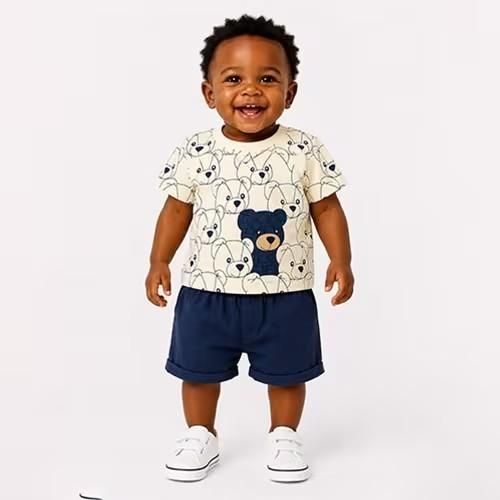 Ensemble coton garçon – motif nounours (6 à 12 mois) - Bleu nuit
