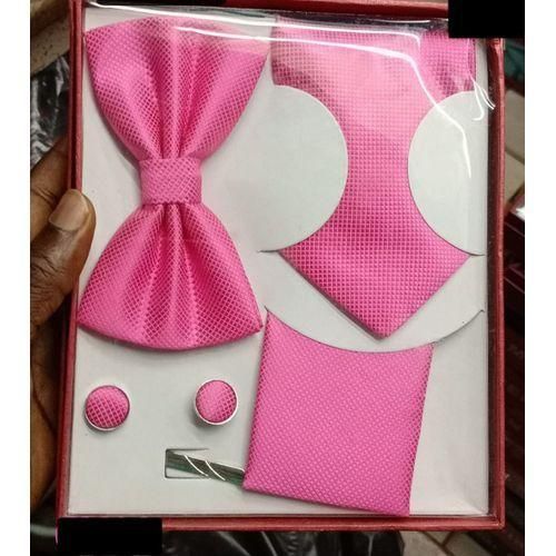 Coffret Accessoires Cravate + Pince + Nœud Papillon + Pochette + Bouton De Manchettes - rose
