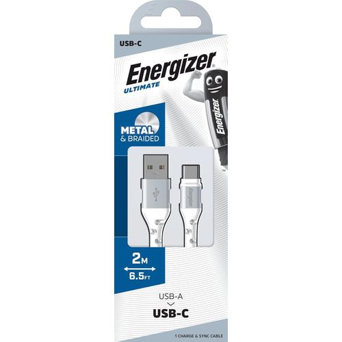 Câble USB-A/USB-C renforcé d'Energizer, 2 m, Blanc/Argent Tressé