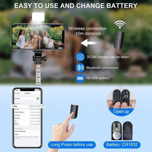 Vlog Trépied Bluetooth Selfie Stick + Lumière