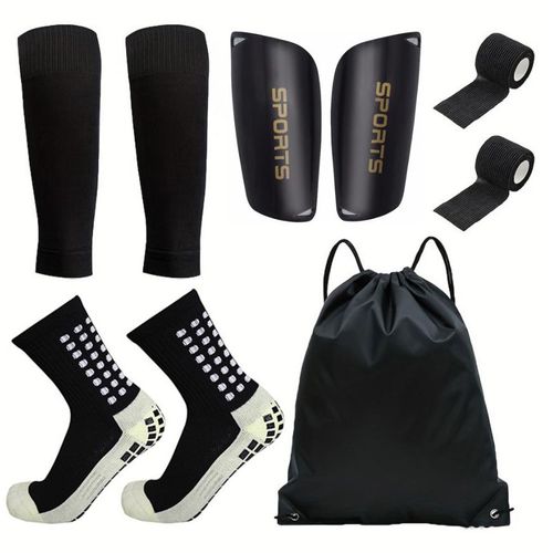 Lot de 5 pièces : Sac à ballon à cordon, chaussettes de football, protège-tibias et jambières pour hommes et femmes Équipement d'entraînement sportif, maintien et compression Noir
