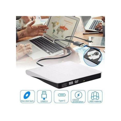 Lecteur De DVD Externe, Graveur De DVD/VCD/disque Optique-RW, Double Interface Type-c+USB3.0--Blanc