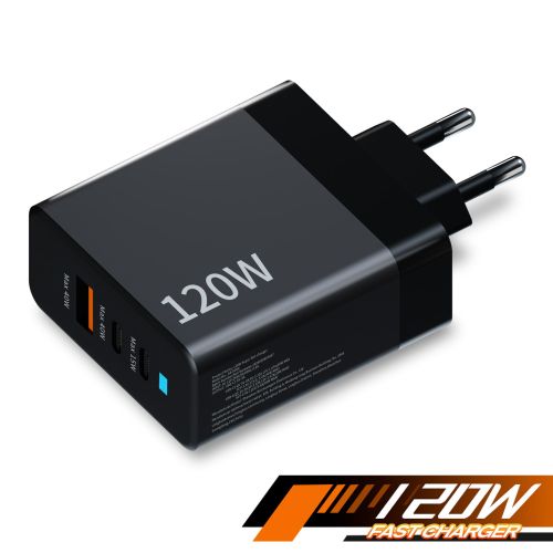 Chargeur rapide GaN 120W, 2 ports USB-C + 1 port USB-A, fiche fixe, protection de sécurité à 5 niveaux, compatible avec la charge ultra-rapide des téléphones et ordinateurs portables, résistant aux hautes températures, tension universelle, best-seller