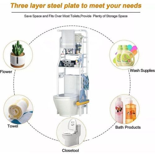 étagère De Salle De Bain à 3 Niveaux Peu Encombrante Avec Crochets Et Porte-papier Toilette