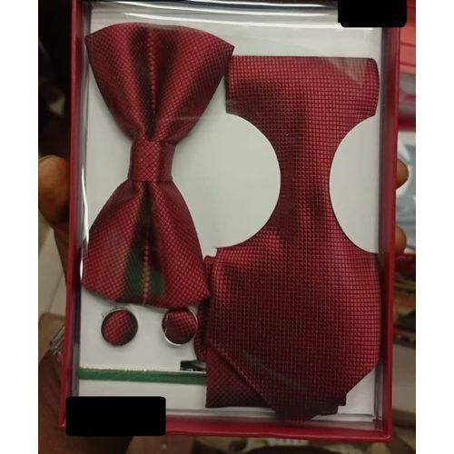 Coffret Accessoires Cravate + Pince + Nœud Papillon + Pochette + Bouton De Manchettes - Rouge bordeaux