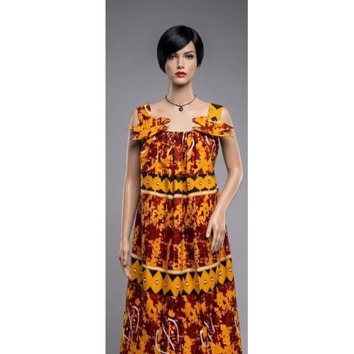 Robe d'Été Fluide pour Femme - Imprimé Traditionnel - Dos Nu & Bretelles Papillonbe d'Été Fluide pour Femme - Dos Nu & Bretelles Fantaisie - Imprimé Batik Orange & Blanc
