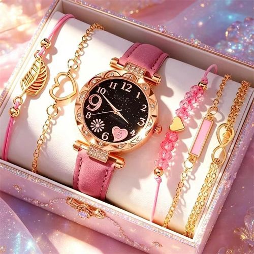 Ensemble de montre femme imperméable polyvalent à la mode de 6 pièces. Haut de gamme et luxueux, il dégage de l’élégance et est le premier choix pour les dates et les cadeaux.