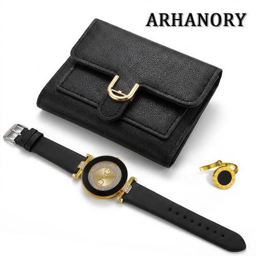 Ensemble 3 pièces pour femme : Montre à quartz + Portefeuille + Bague réglable – Élégante montre pour dame - Noir