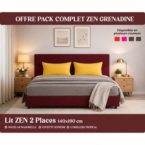 Pack ZEN - Lit Complet 140x190 Avec Matelas Majorelle 2 Places, Sommier et Tête de Lit – Couette + 2 Oreillers Inclus – Soutien du dos - Grenadine