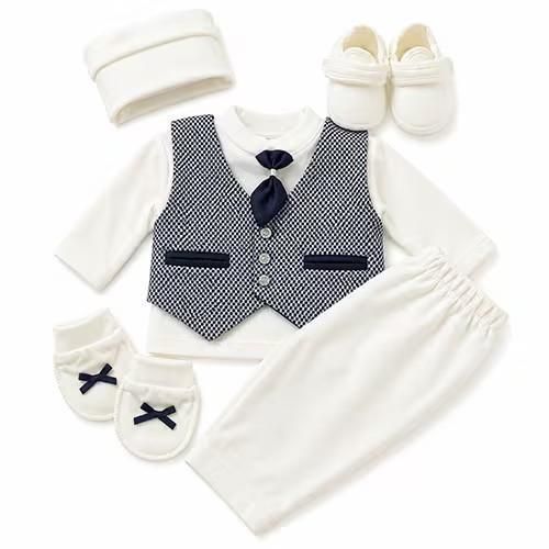 Coffret baptême Garçon - Naissance (Gilet, pantalon, bonnet, gants & chaussures) - Bleu Nuit