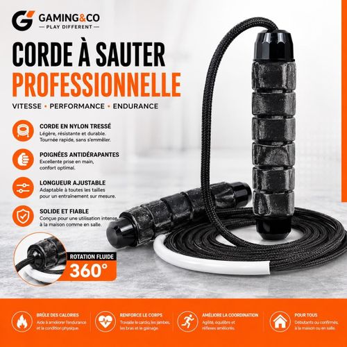 Corde à Sauter Professionnelle Haute Vitesse - Corde de Fitness Ajustable en Nylon Tressé avec Rotation Fluide 360° et Poignées Antidérapantes - Noir