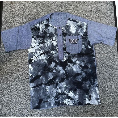 Chemise Homme à Manche Courte Avec Poche Motif Indigo- Gris.
