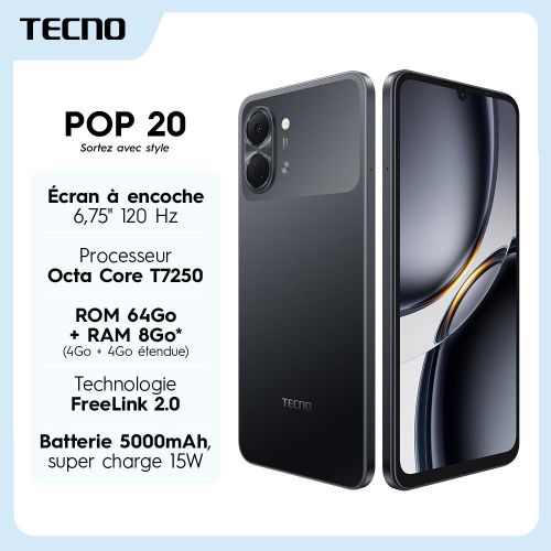 POP 20 - 6,67 Pouces - 64Go ROM - (4+4)GO RAM - 4G - 2 SIM - 8MP/13MP - 5000MAH - NOIR