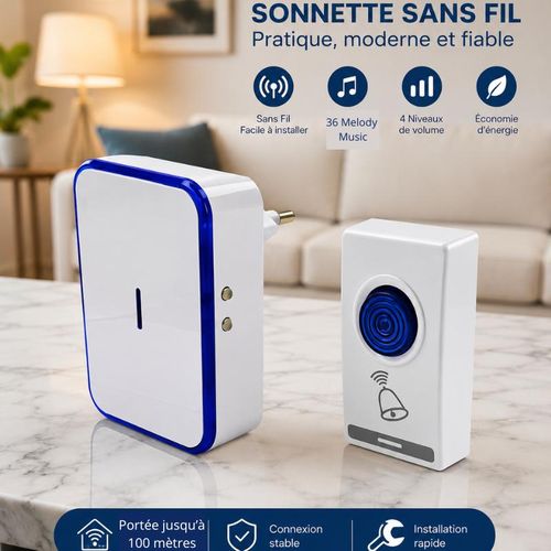 Sonnette alarme Sans Fil Électrique 100M – 36 Mélodies, Carillon Étanche Réglable pour Maison, Portail, Villa & Bureau