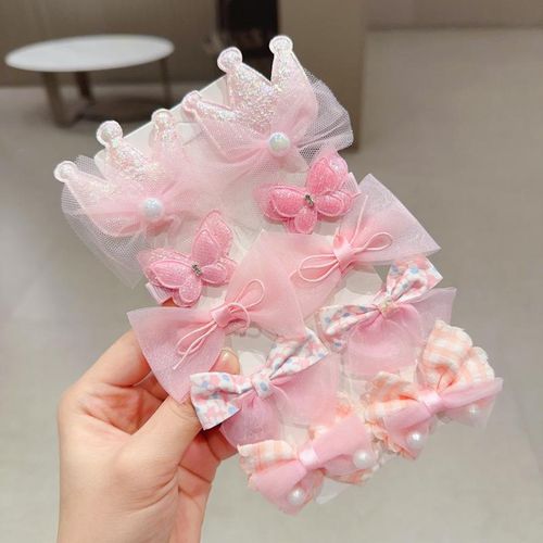 Ensemble 10 Pinces à Cheveux Couronne Papillon Rose pour Filles
