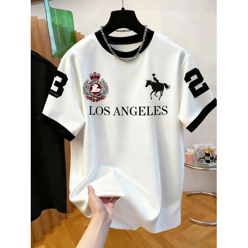 T-shirt à blocs de couleurs Homme Los Angeles Cavalier N°23, manches courtes street style américain rétro pour l'été