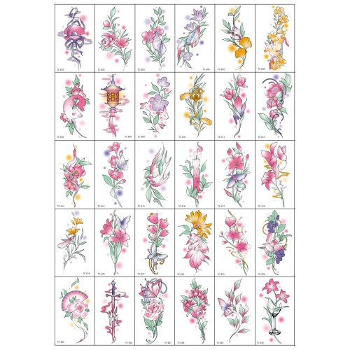 Ensemble de 30 Autocollants Tatouages Temporaires Floraux Colorés Style Aquarelle