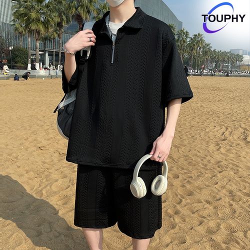 Ensemble Chemise à Manches Courtes Pour Homme Avec Pantalon Court Et Fermeture Éclair-Noir