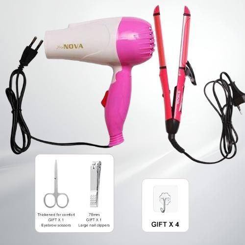 Lisseur et bouclureuse 2-en-1, sèche-cheveux - Rose