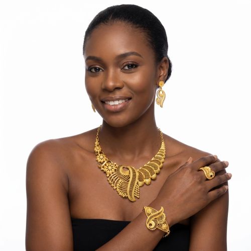 Set de Bijoux 4 en 1 pour Femmes - Plaqué Or, Style Africain - Collier, Boucles d'oreilles, Bague et Bracelet - pour Mariage et Fête