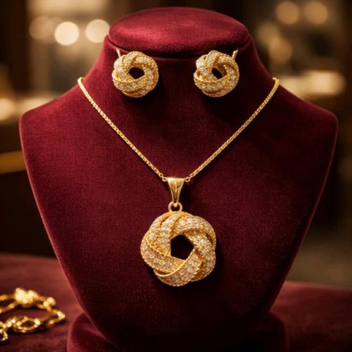 Ensemble Bijoux - Chaîne Et Boucles D'Oreilles- Pendentif Pierre - Or Plaqué