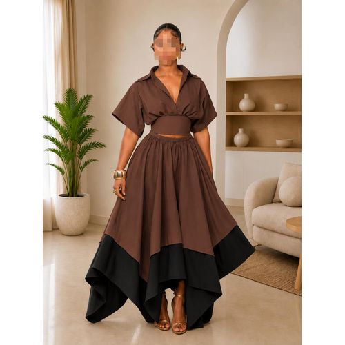 Ensemble Femme Chic 2 Pièces marron & Noir –Chic Haut court et Jupe Longue Asymétrique