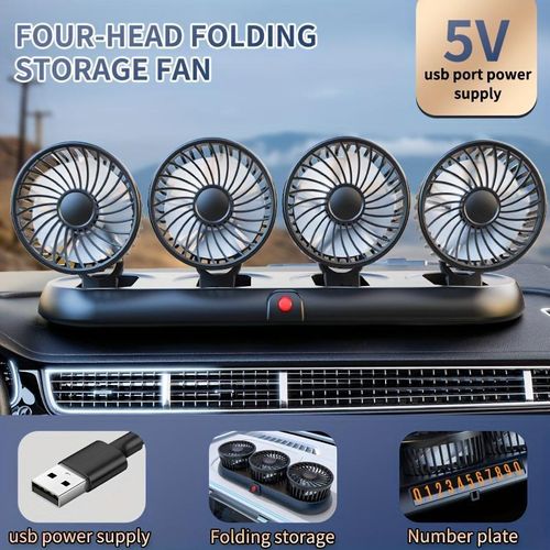 Ventilateur de voiture pliable à 4 têtes : un modèle 3-en-1, à 3 vitesses et 4 têtes. Doté d'une interface USB, d'un réglage flexible et d'un design compact, il offre un fonctionnement silencieux, une rotation à 360° et un flux d'air multidirectionnel.