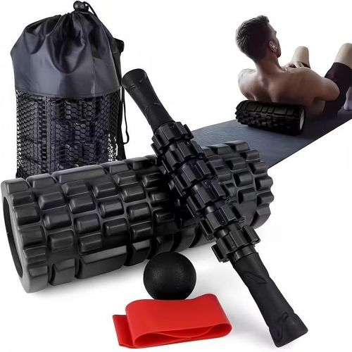Ensemble de rouleaux en mousse 5 en 1, adapté au massage musculaire profond, comprend un rouleau de massage, une balle de massage et une bande de résistance, adapté à tout le corps (noir).