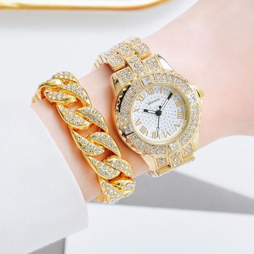 2 En 1 Ensemble Montre Et Bracelet Pour Femme Mode Montre Femme Et Chaîne à Main - Or