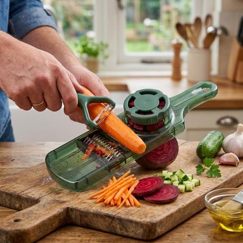 Mandoline Coupe-Légumes Multifonction Verte Avec Éplucheur & Poussoir - Râpe Trancheuse Inox Pour Salades & Frites - Single Unit
