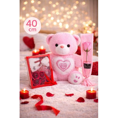 Pack Cadeau Romantique – Peluche Ourson 40cm + Roses + Fleur Éternelle
