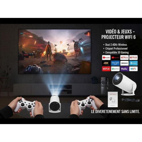 Mini Projecteur Portable Smart HY300 - Android 11.0, Résolution 720p (Support 4K), Wi-Fi 6 Bi-Bande, Rotation 180° - Idéal Cinéma Maison & Streaming