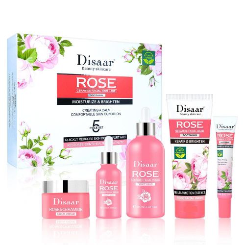 Ensemble de soins de la peau du visage - New Rose & Ceramide, 5 pièces, crème réparatrice pour peaux abîmées, sérum, crème hydratante lissante pour la peau
