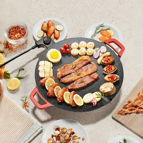 Poêle à griller électrique antiadhésive de 30 cm (sans fumée), adaptée à la cuisson en intérieur, compacte et multifonctionnelle, permet de cuire des steaks, des crêpes et de faire des grillades.