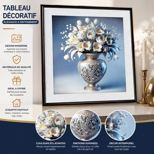 Tableau Décoratif Mural Moderne – Vase Fleuri Bleu et Blanc – Cadre Élégant
