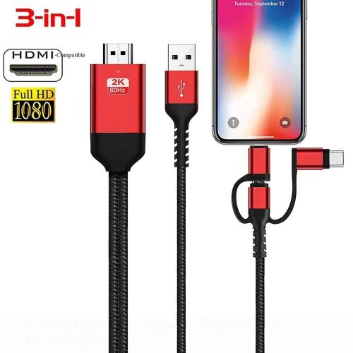 Câble 3 en 1 Téléphone vers TV HDMI - Type-C, Micro-USB et iOS, 2K 60Hz, Plug and Play (Rouge)