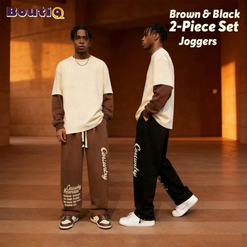 BoutiQ Ensemble 2 pices pour homme pantalon long dcontract imprim coupe droite ample pantalon de jogging Noir Marron
