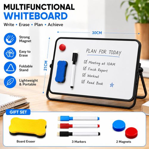 Tableau blanc magnétique A4 (30 x 21 cm) avec support rotatif à 360 degrés, comprend 3 marqueurs + 1 éponge + 2 aimants