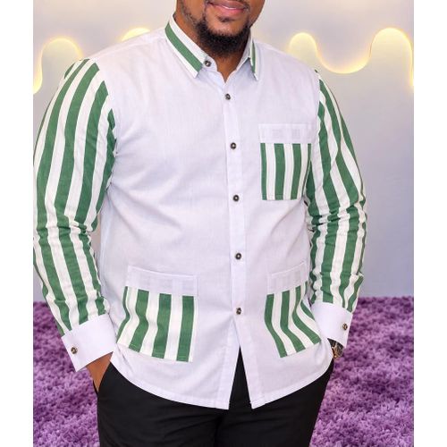 Chemise Homme à Manches Longues Et Poches/ Chemise Cubaine Double Couture à Motif Rayé en Lin - Blanc/ Vert.
