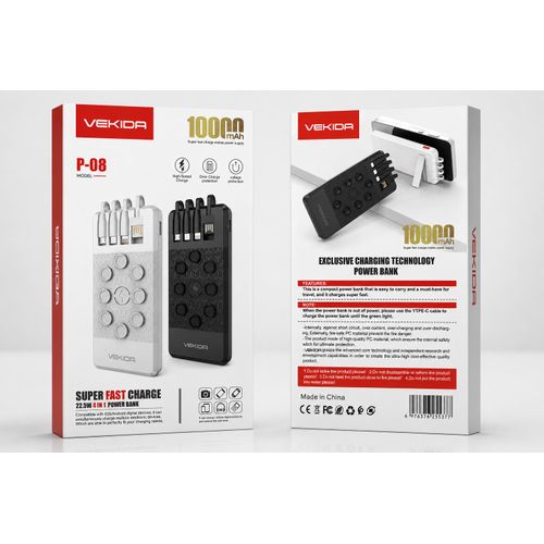 Power Bank VEKIDA 10000mAh avec charge rapide 22.5W et câbles intégrés 4 en 1. Compacte, pratique et compatible avec Android et iPhone. Idéale pour vos déplacements et voyages.