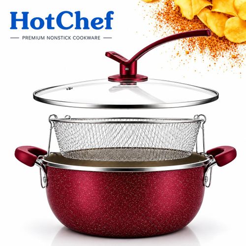 HotChef 24cm Marmite de Friture Antiadhésive avec Panier en Acier Inoxydable et Couvercle en Verre – Compatible Induction – Ustensile de Cuisine Multifonction