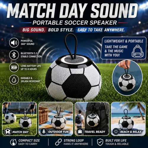 Enceinte Bluetooth en forme de ballon de foot, son stéréo puissant et basses profondes. Modèle portable pour matchs, fêtes et extérieur, cadeau idéal pour amateurs de football, compatible smartphones et tablettes