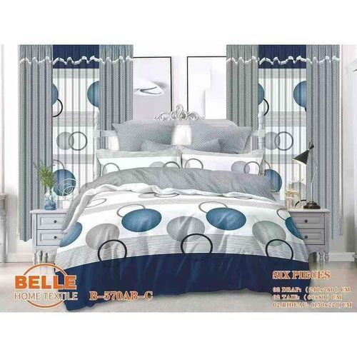 KIT de lit 6 pièces B-570AB-C motif cercles gris bleu marine, 2 draps 240×260cm + 2 taies 60×80cm + 2 rideaux 150×220cm, tissu microfibre décoration chambre complète HG