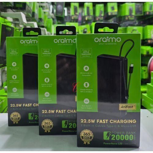Batterie externe PowerNova L22 OPB-5205CM 20 000 mAh 22,5 W avec 2 câbles Micro et Type C intégrés
