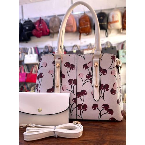Ensemble Sac à Main Femme - 2 Pièces - Imprimé Cerises - Blanc & Bordeaux - Style Chic & Frais