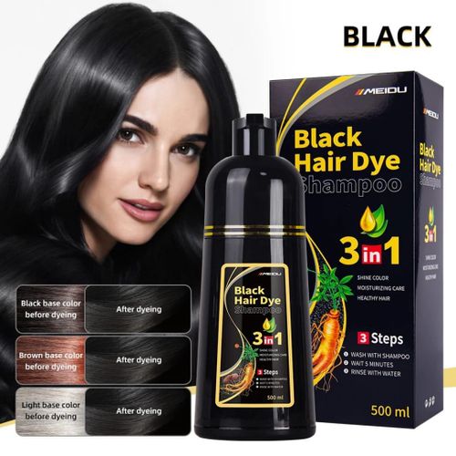 Shampooing Colorant Noir 3-en-1 500 ml – Black Hair Dye Shampoo au Ginseng, pour noircir et Soin des Cheveux