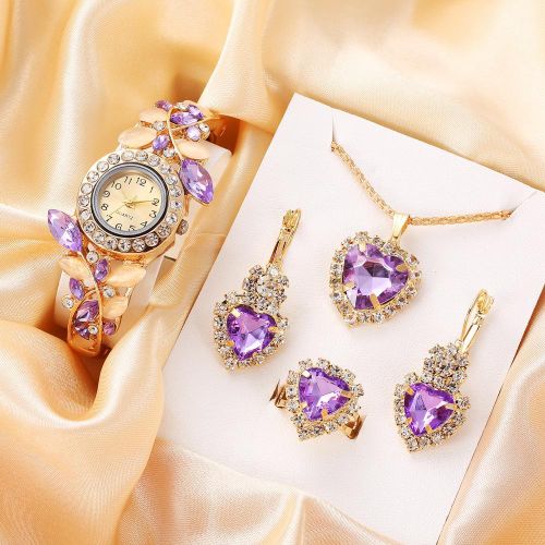5 pièces de bracelet de montre pour femmes, ensemble de bijoux, collier, bague, boucles d'oreilles