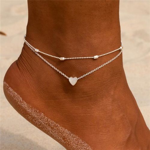 2 Couches Charnière Acier Inoxydable Cœur Bracelet de cheville Chaîne Perlée Bijou pour Femme, Accessoire de Plage Argent Soldes