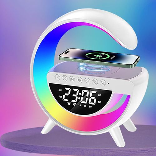 Lampe de Table à Charge Sans Fil, Haut-Parleur Bluetooth Multifonctionnel & Réveil - Lampe de Chevet LED Éclairage de Nuit pour Gros Dormeurs, Décoration de Chambre à Coucher Exquise